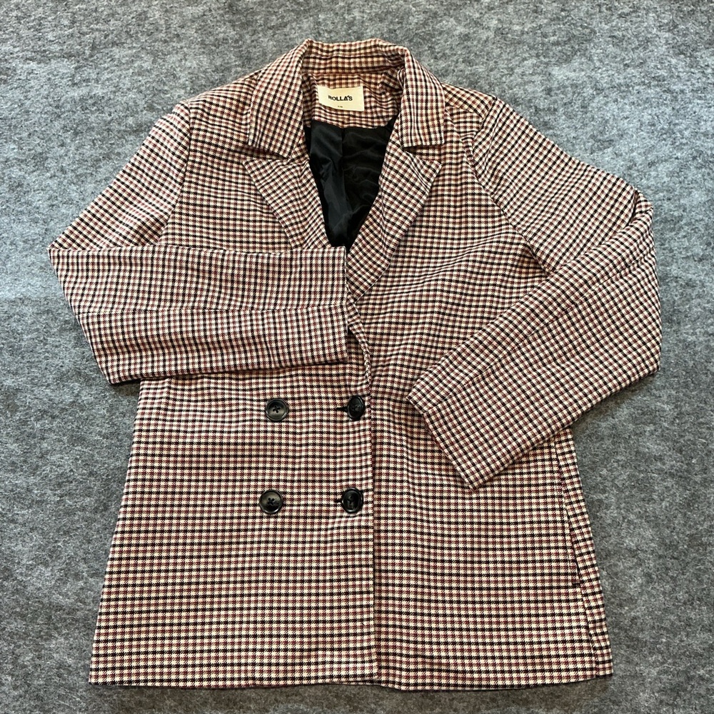 ROLLA'S Brown and Cream Check Double-Breasted Blazer Size XS